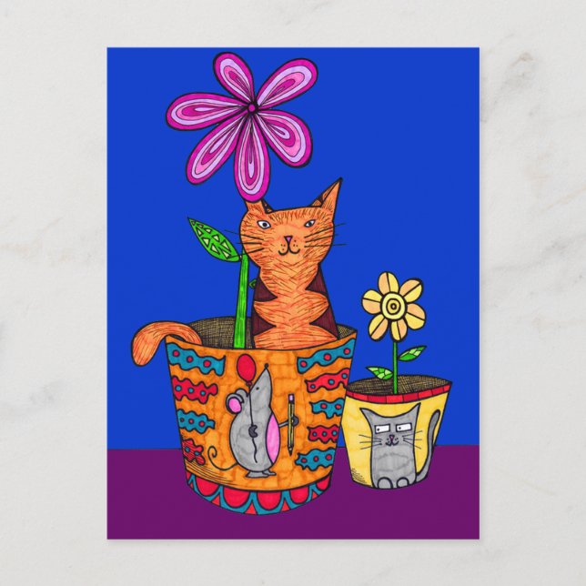 Cartes postales de chat assis dans un pot de fleur (Devant)