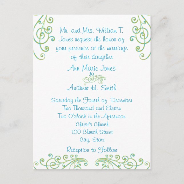 Cartes postales de mariage bleues et vertes bon ma (Devant)