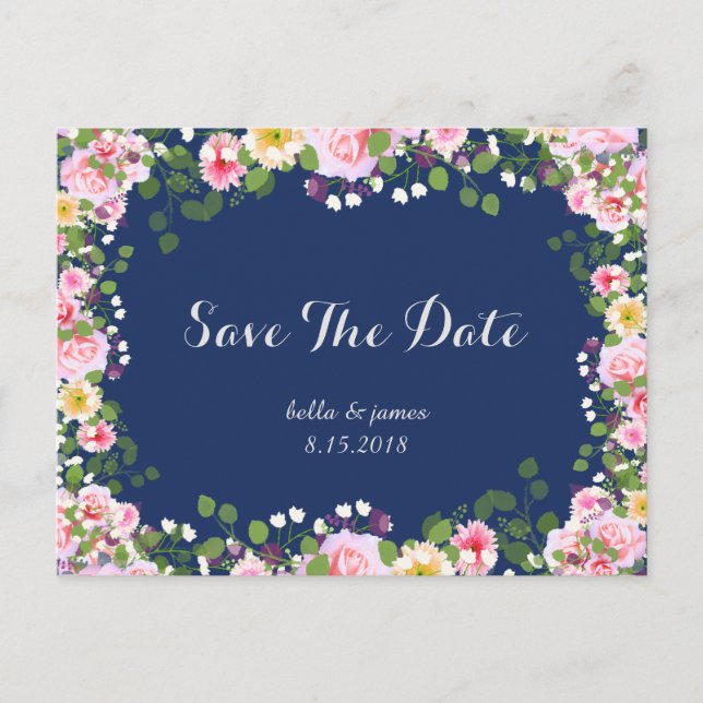 Cartes postales de mariage blush rose bleu marine (Devant)