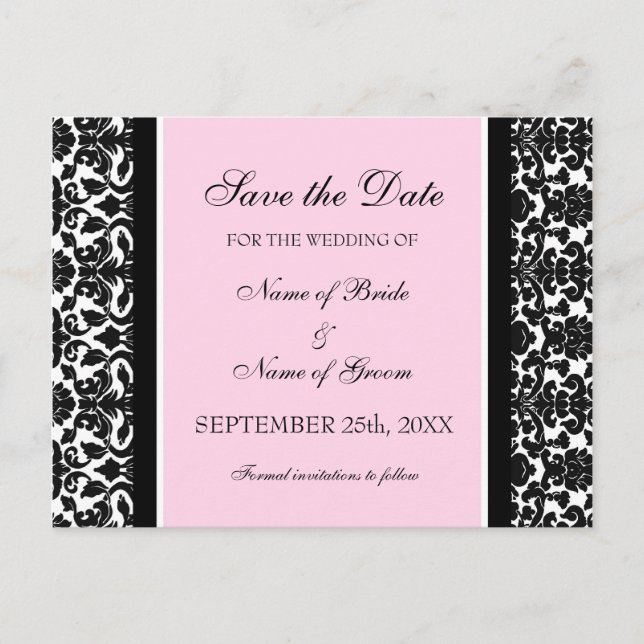 Cartes postales de mariage 'Pink Damask Save the D (Devant)