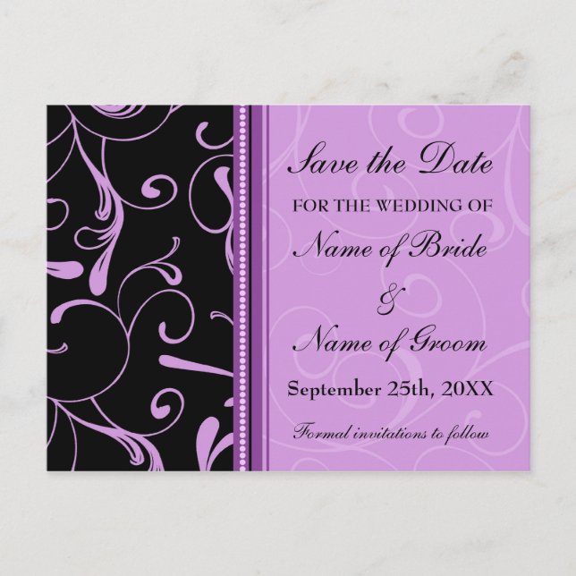 Cartes postales de mariage Purple Swirls Save the  (Devant)