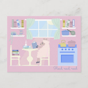 Cartes postales de moutons lisant dans la cuisine