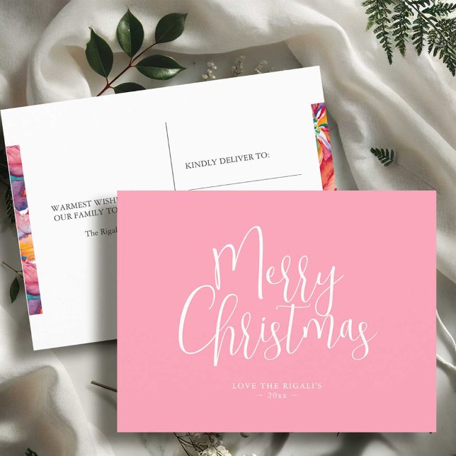 Cartes postales de Noël Pink personnalisables (pink customizable Christmas postcards unique modern design for sale online)