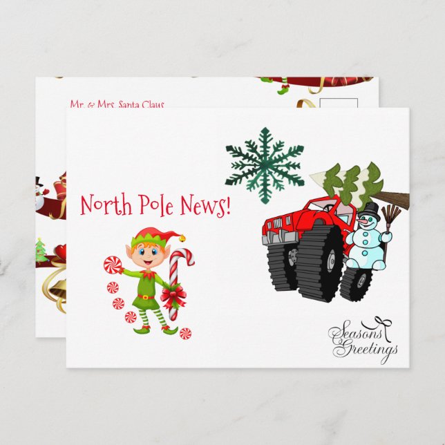 Cartes postales de Noël Pôle Nord Snowman Elf (Devant / Derrière)