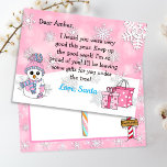 Cartes postales de Père Noël : mignon Snowman<br><div class="desc">Jolies flocons de neige,  mignon bonhomme de neige et un lapin festif lettre personnalisée du Père Noël sur le devant. Le dos a un endroit où votre enfant peut écrire sa liste de voeux de Noël.</div>