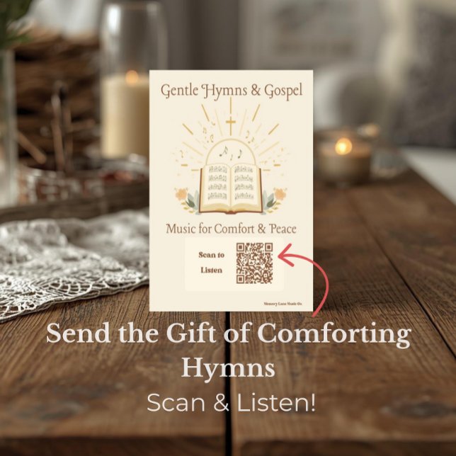 Cartes postales de thérapie musicale avec code QR  (Postcard for dementia care featuring a vintage hymn book and QR code that plays classic hymns.)