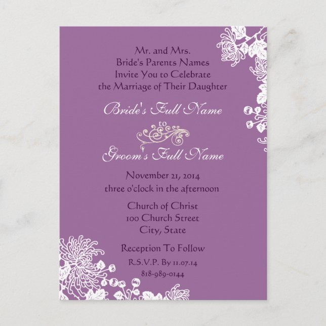 Cartes postales faire-part de mariage violet Maria (Devant)