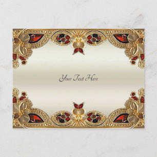 Cartes postales fleurs dorées gemme rouge