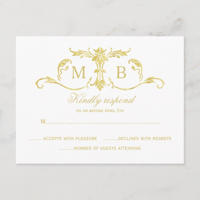 Cartes postales Gold RSVP feuille or mariage RSVP (Devant)