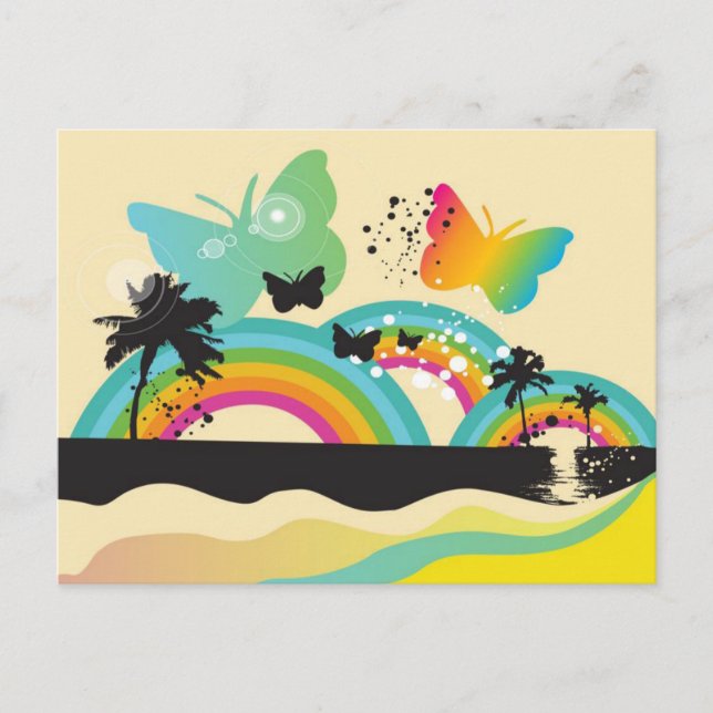 Cartes postales Papillons Arcs-en-ciel et Palmiers (Devant)