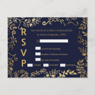 Cartes postales RSVP bleu marine et or floral élég