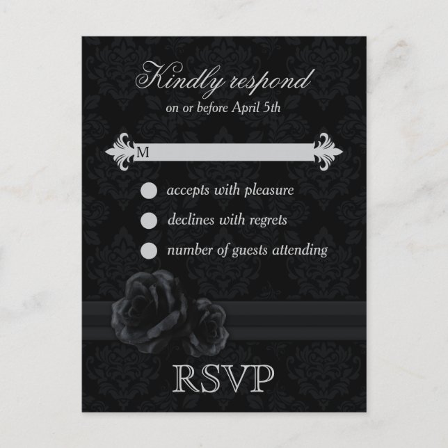 Cartes postales RSVP damask noir avec rose en dent (Devant)