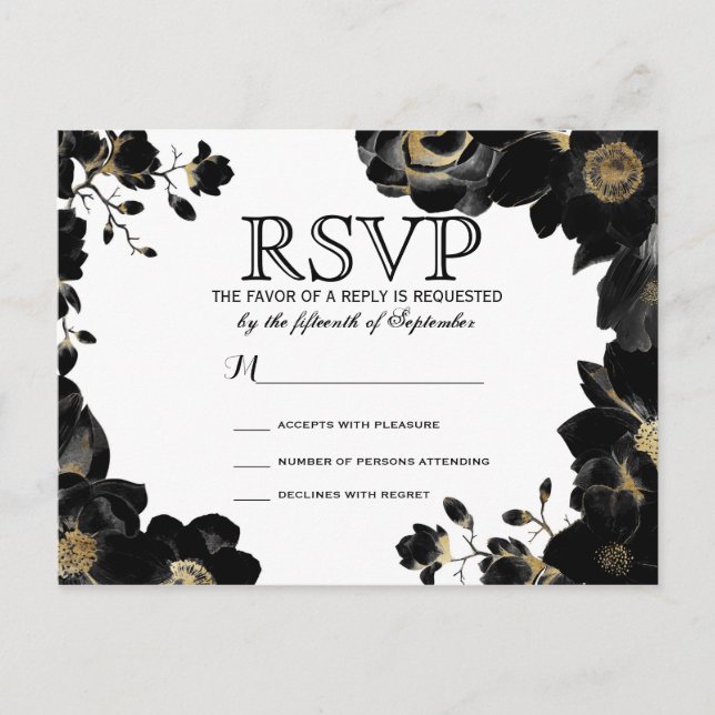 Cartes postales RSVP Floral Noir Accentué Or (Devant)