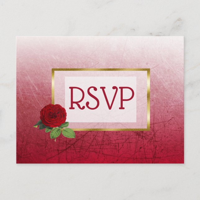 Cartes postales RSVP pour mariage Rose rouge et or (Devant)