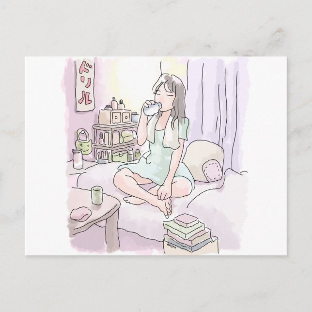 CARTES POUR FÊTES ANNUELLES さにれなじ　お部屋のベッドの上であぐらをかいて水をごくごく飲む女性のイラスト (Devant)
