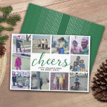 Cartes Pour Fêtes Annuelles 10 Photo Collage Cheers with Green Stripe Pattern<br><div class="desc">Use 10 square photo and make a unique and trendy Christmas Cheers greeting with large modern script on the front and a simple pattern on the back. If you need to move anything around,  click on the customize button to make changes.</div>