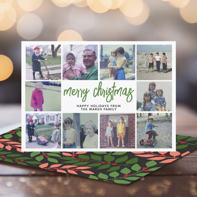 Cartes Pour Fêtes Annuelles 10 Photo Collage - Joyeux Noël Coral Botanique (Modern online Christmas Card with 10 Photos and botanical back - download option)