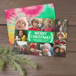 Cartes Pour Fêtes Annuelles 10 Photo Collage - Joyeux Noël Mod Cravate Die<br><div class="desc">Un motif de teinture à cravate brillant et joyeux en or vert, rouge et jaune. — Utilisez 10 photos carrés et faites un accueil Joyeux Noël unique et tendance avec un script moderne sur le devant et un motif festif de teinture à cravate sur le dos. Si vous avez besoin...</div>