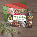Cartes Pour Fêtes Annuelles 10 Photo Collage - Joyeux Noël Retro Stripes<br><div class="desc">Motif à bande profonde vert et rouge rétro - Utilisez 10 photos carrés et faites un accueil unique et branché Joyeux Noël avec un script rustique moderne sur le devant et un motif d'art de ligne festif sur le dos. Si vous avez besoin de déplacer quelque chose, cliquez sur le...</div>