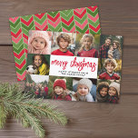 Cartes Pour Fêtes Annuelles 10 Photo Collage - Joyeux Noël Rouge Vert<br><div class="desc">Motif en épine de sonnette verte et rouge profonde — Utilisez 10 photos carrés et faites un accueil unique et branché Joyeux Noël avec un script moderne rustique sur le devant et un motif géométrique festif sur le dos. Si vous avez besoin de déplacer quelque chose, cliquez sur le bouton...</div>