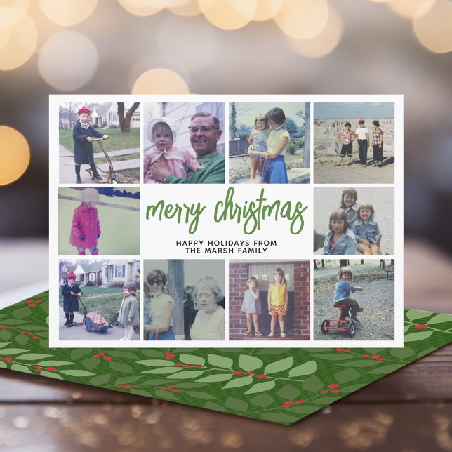 Cartes Pour Fêtes Annuelles 10 Photo Collage - Joyeux Noël vert Botanique (Modern online Christmas Card with 10 Photos and botanical back - download option)