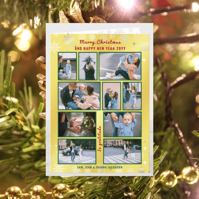 Cartes Pour Fêtes Annuelles 10 Photos Collage Cute Elegant Golden Personnalisé (Merry Christmas Happy New Year, In Gratitude Golden Modern Cute 10 Photos Collage What a Year Letter)