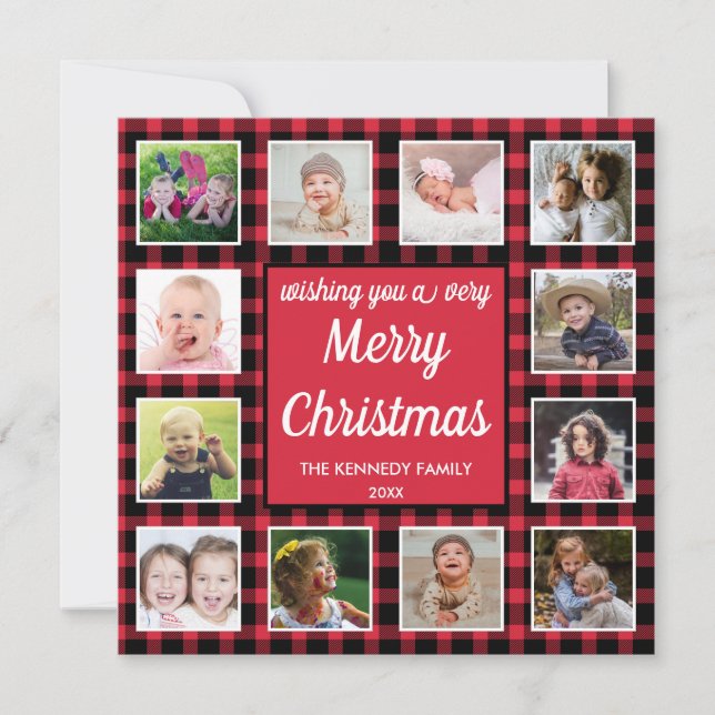 Cartes Pour Fêtes Annuelles 12 Photo Collage Red Buffalo Plaid Merry Christmas (Devant)