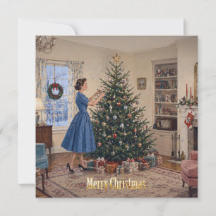 Cartes Pour Fêtes Annuelles 1950 Dame Décorant l'Arbre de Noël Joyeux Noël