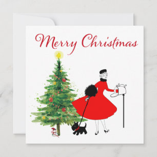 Cartes Pour Fêtes Annuelles 1950 Vintage Christmas Lady with Dog