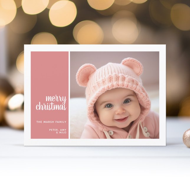Cartes Pour Fêtes Annuelles 1 Photo Collage Minimum Christmas coral christmas (Simple Photo Christmas Card - coral color block and white border)