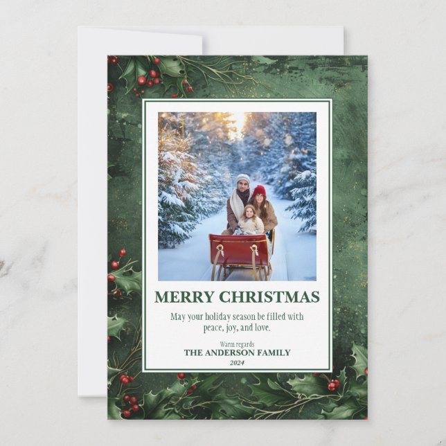 Cartes Pour Fêtes Annuelles 1 Photo Holly et Berry Flat Christmas Card (Devant)