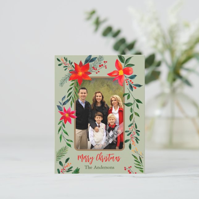 Cartes Pour Fêtes Annuelles 1 Photo Joyeux Noël Aquarelle Fleurs Fêtes (Debout devant)