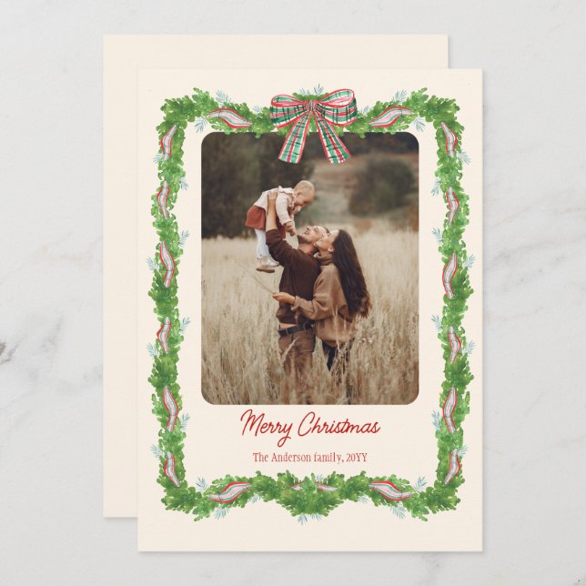 Cartes Pour Fêtes Annuelles 1 photo plaid bow rustique Noël Photo (Devant / Derrière)