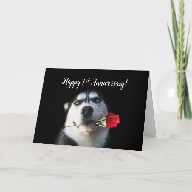 Cartes Pour Fêtes Annuelles 1er Anniversaire Cute Husky et Amour Rose (Devant)