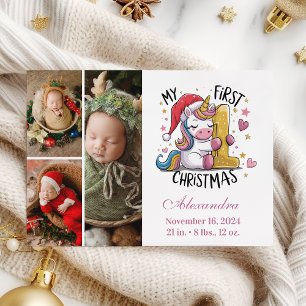 Cartes Pour Fêtes Annuelles 1er bébé Noël 3 Photo Pink Gold Unicorn