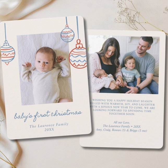 Cartes Pour Fêtes Annuelles 1er Noël Bleu & Rouge Ornement 2 Photo (Baby's 1st Christmas Blue & Red Ornament 2 Photo Holiday Card)
