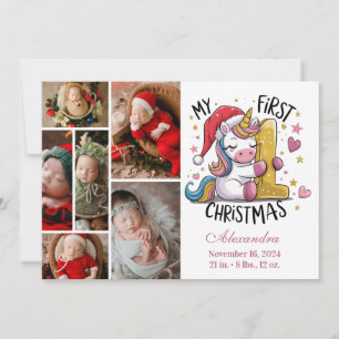 Cartes Pour Fêtes Annuelles 1er Noël de bébé 6 Photo Licorne rose or