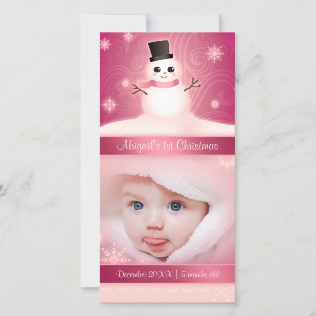 Cartes Pour Fêtes Annuelles 1er Noël de bébé mignon Snowman rose (Devant)