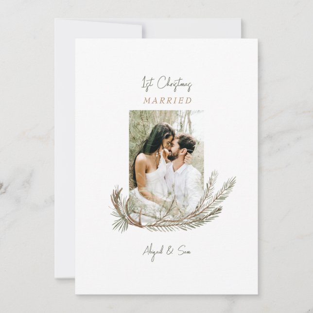 Cartes Pour Fêtes Annuelles 1er Noël Marié Deux Photo Pine & Antlers Hol (Devant)