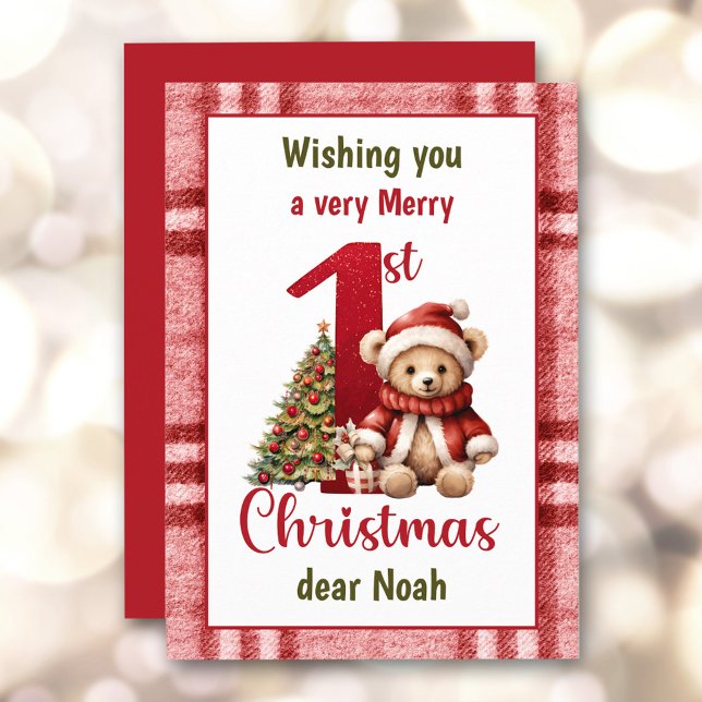 Cartes Pour Fêtes Annuelles 1er Noël Teddy Ours Noël Arbre de Noël Plaid (1st Christmas Teddy Bear Christmas Tree Plaid Holiday Card)