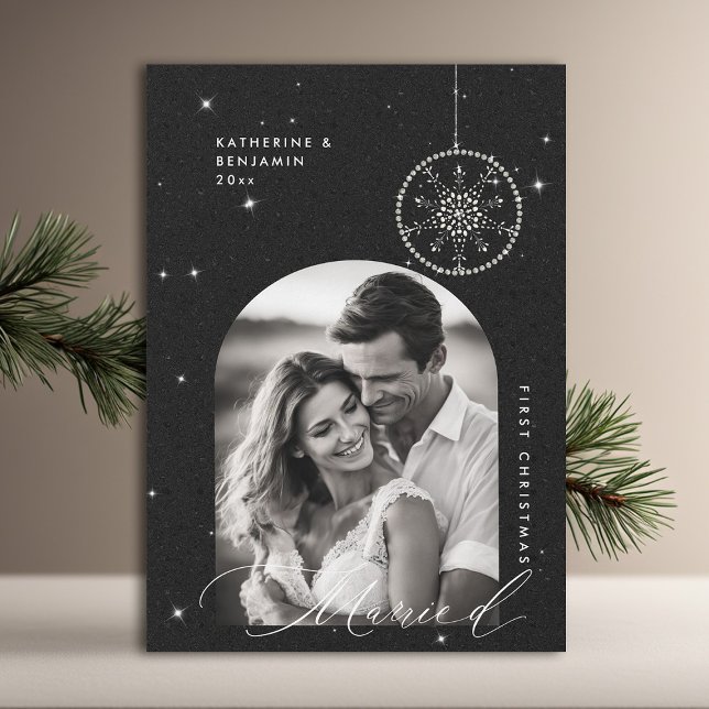 Cartes Pour Fêtes Annuelles 1Noël Marry Snowflakes Boho Black Photo (christmas card first married couple black glitter sparkle boho arch modern minimalist snowflake)