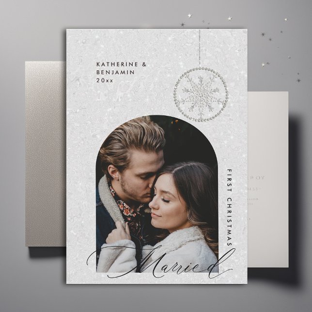 Cartes Pour Fêtes Annuelles 1Noël Marry Snowflakes Boho Photo moderne (christmas card first married couple black white glitter boho arch modern minimalist snowflakes)