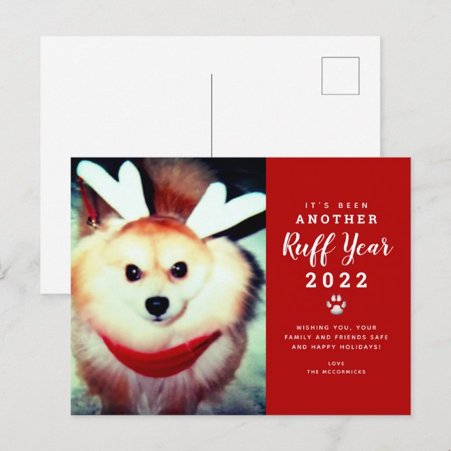 Cartes Pour Fêtes Annuelles 2021 Ruff Année drôle Chien de Noël Photo (Devant / Derrière)