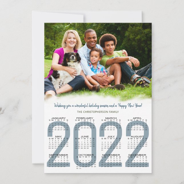 Cartes Pour Fêtes Annuelles 2022 Calendrier Famille Photo Bleu Nouvel An (Devant)