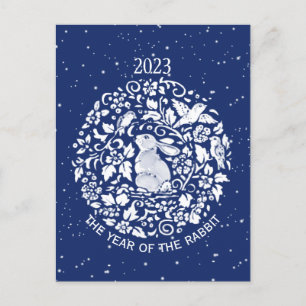 Cartes Pour Fêtes Annuelles 2023 Année du lapin Bleu Blanc Lunaire Vacances