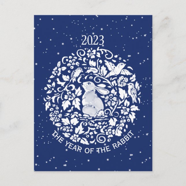 Cartes Pour Fêtes Annuelles 2023 Année du lapin Bleu Blanc Lunaire Vacances (Devant)