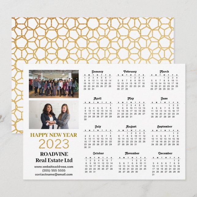Cartes Pour Fêtes Annuelles 2023 Business Photo Modern Gold Script Calendrier (Devant / Derrière)