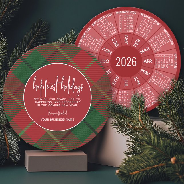 Cartes Pour Fêtes Annuelles 2023 Calendrier Cercle - vert rouge plaid - Happie (2026 Calendar on a Business Holiday Card)