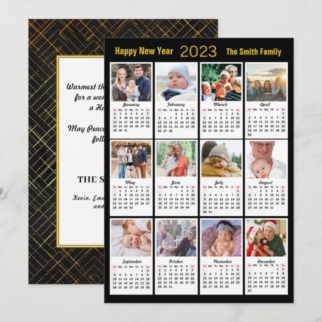 Cartes Pour Fêtes Annuelles 2023 Modern Family 12 Photo Gold Script Calendrier (Devant / Derrière)