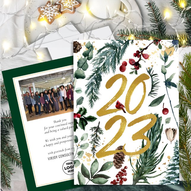 Cartes Pour Fêtes Annuelles 2023 Photo de l'entreprise Festive Pine Bough (Créateur téléchargé)